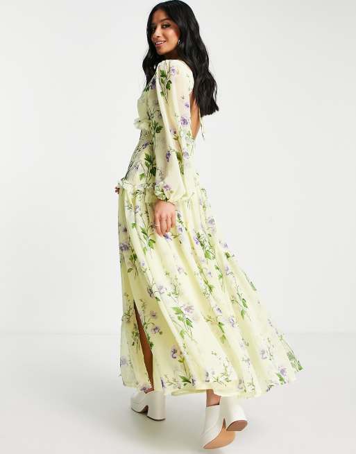 ASOS DESIGN Petite button through pintuck maxi dress in yellow floral print