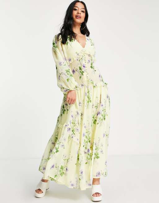 ASOS DESIGN Petite button through pintuck maxi dress in yellow