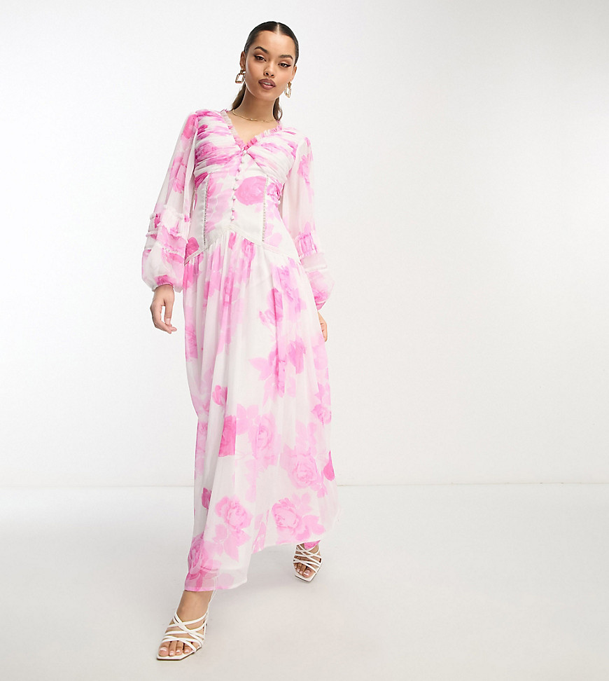 ASOS DESIGN Petite button through pintuck maxi dress with lace inserts in large pink floral print-Mu