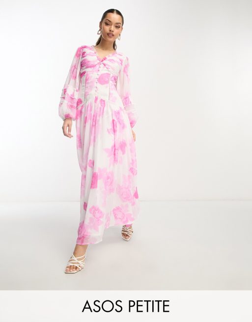 ASOS DESIGN Petite button through pintuck maxi dress with lace inserts in  large pink floral print