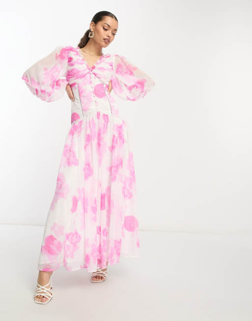 ASOS DESIGN Petite button through pintuck maxi dress with lace inserts in  large pink floral print