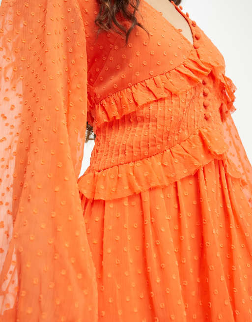 ASOS DESIGN Petite button through pintuck mini dobby dress in bright orange