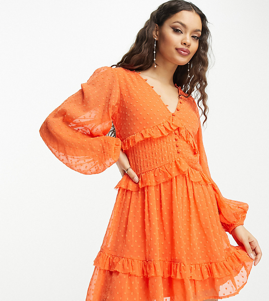 Asos Petite Asos Design Petite Button Through Pintuck Mini Textured Dress In Bright Orange