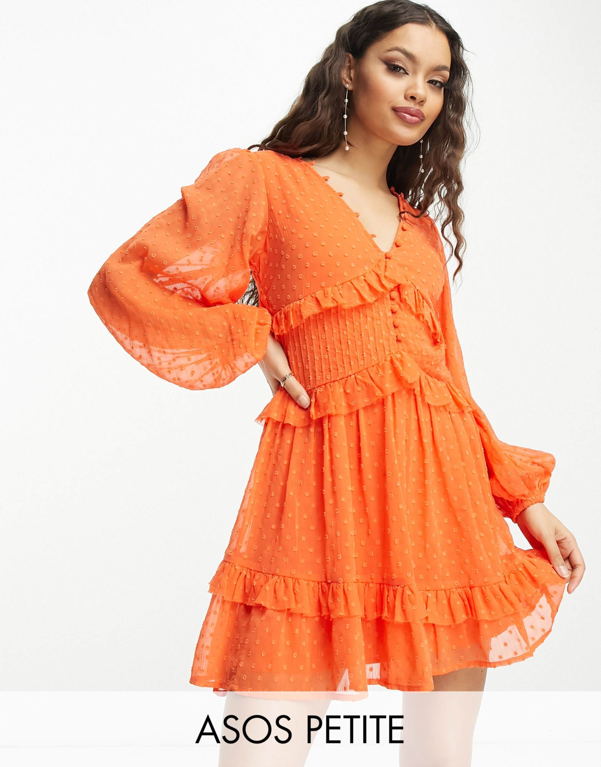 asos design petite button through pintuck mini textured dress in bright orange