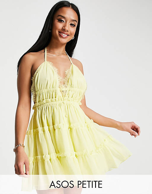 ASOS DESIGN Petite button through tiered mini dress with lace trim detail in lemon Asos Women Clothing Dresses Party Dresses 