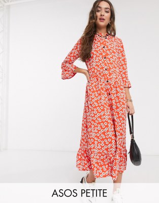 ASOS DESIGN Petite button through tiered smock maxi dress in red floral print-Multi