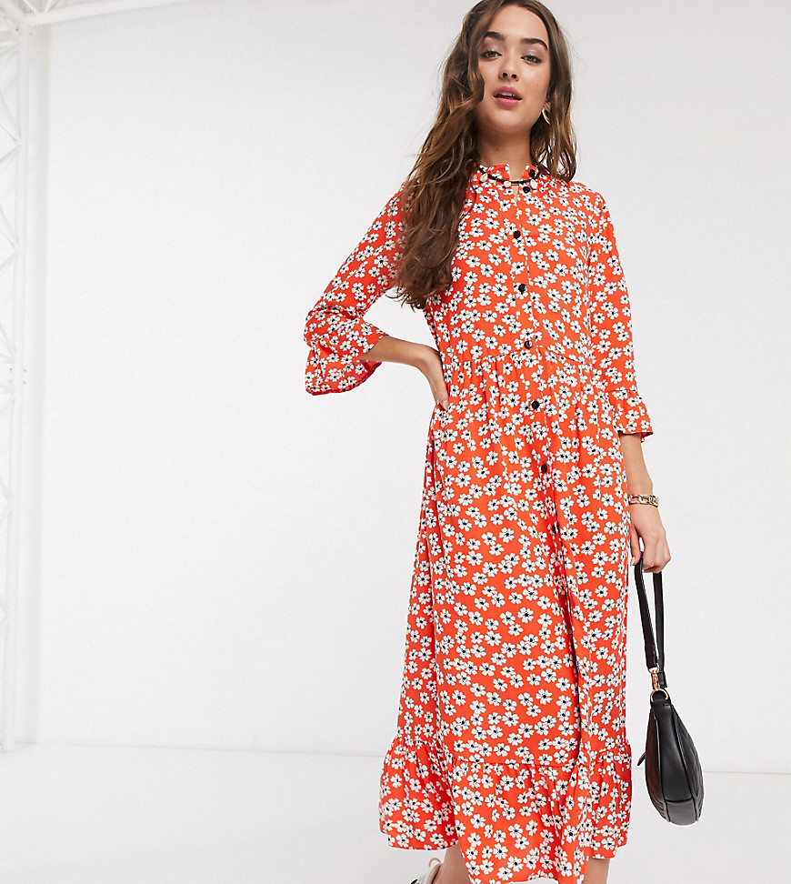 ASOS DESIGN Petite button through tiered smock maxi dress in red floral print-Multi