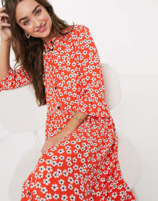 red floral smock dress