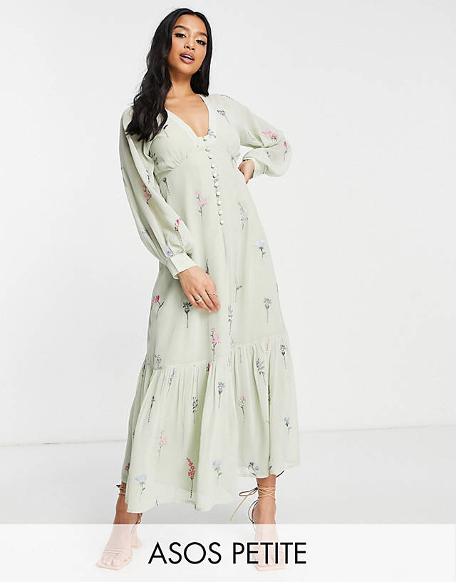 ASOS DESIGN Petite button up embroidered maxi tea dress in sage