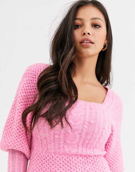 ASOS DESIGN Petite cable knit mini dress with volume sleeve | ASOS