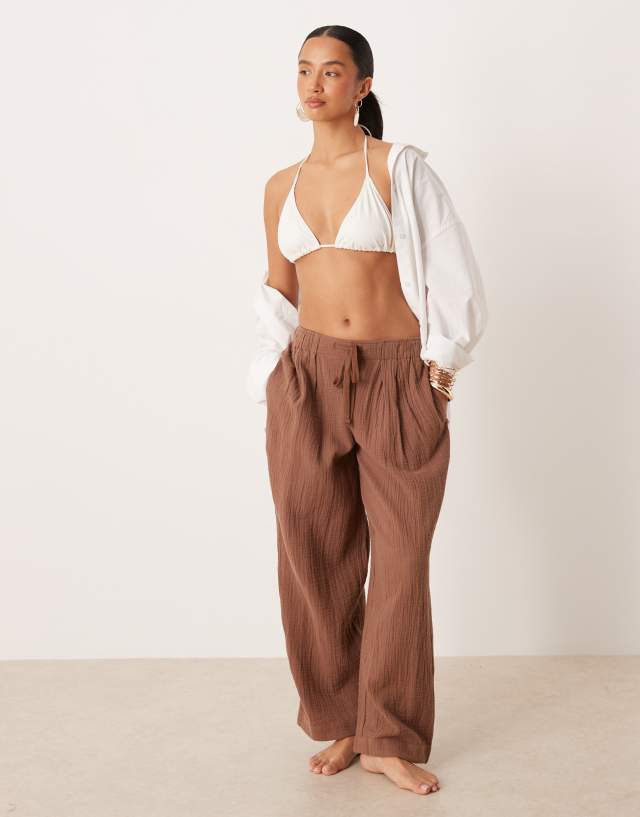 ASOS DESIGN Petite Callie cheesecloth beach balloon pants in mocha