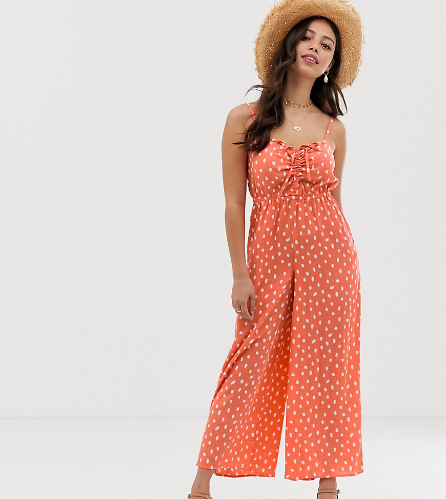 ASOS DESIGN Petite cami jumpsuit with gathered bodice detail in polka dot print-Multi