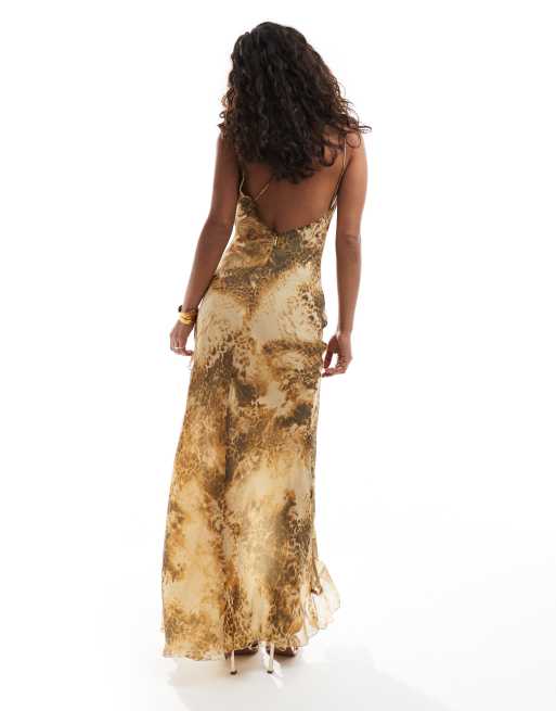 ASOS DESIGN Petite cami maxi dress with cowl neck and ruffle split detail  in animal print | ASOS