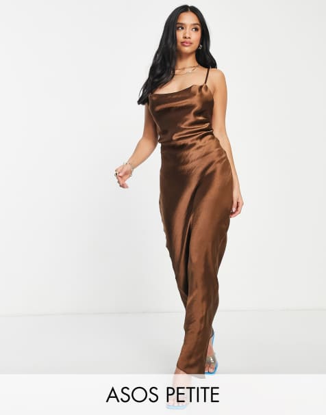 ASOS DESIGN Petite cami maxi slip dress in high shine satin with lace-up back in chocolate