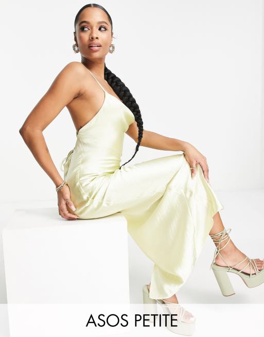 ASOS DESIGN Petite cami maxi slip dress in high shine satin with lace-up back in soft yellow