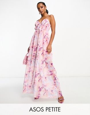 ASOS DESIGN Petite cami mesh maxi dress with sash in pink smudge print