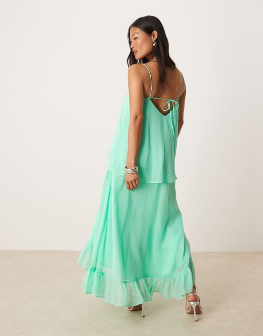 ASOS DESIGN Petite cami overlay midi dress with ruffle in bright green, 2 of 4