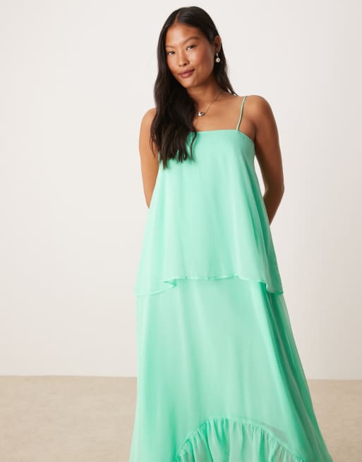 ASOS DESIGN Petite cami overlay midi dress with ruffle in bright green, 4 of 4