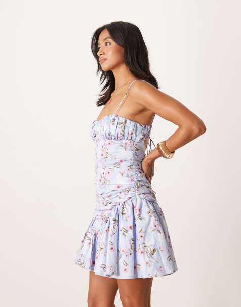 ASOS DESIGN Petite cami ruched bust full skirt mini dress in blue floral print - view 1