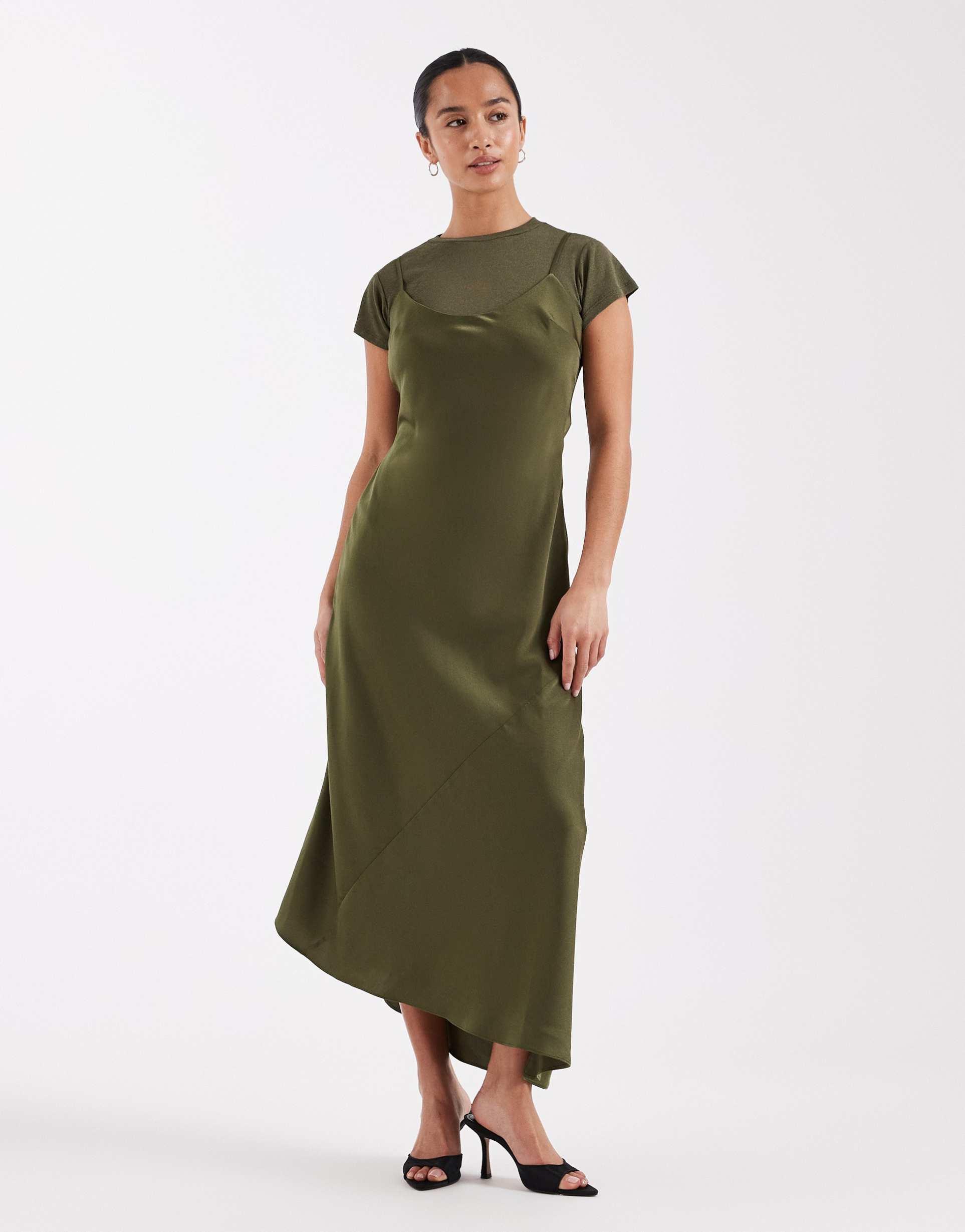 asos design petite cami satin 2 in 1 t-shirt midi dress in khaki
