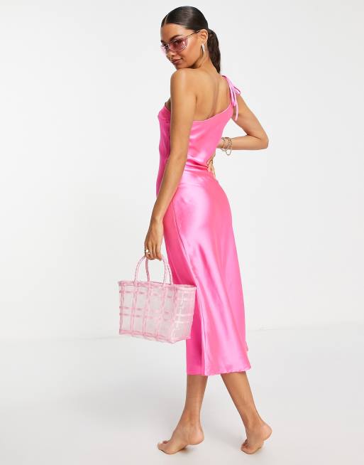 hot pink one sleeve prom dress Ashley Lauren 1977 size 6 Electric Pink Prom Dress