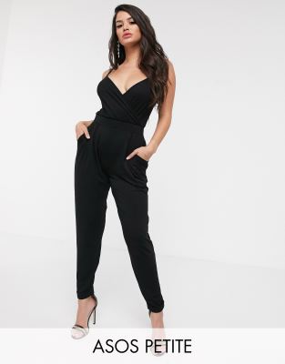 ASOS DESIGN Petite cami wrap jumpsuit with peg leg-Black