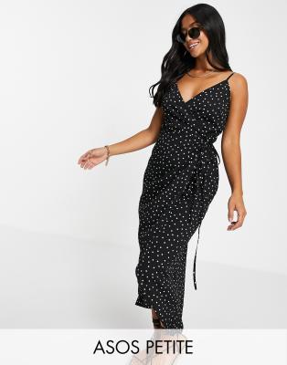 ASOS DESIGN Petite cami wrap maxi dress in black polka dot