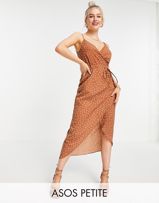 ASOS DESIGN Petite cami wrap midi dress in brown polka dot print