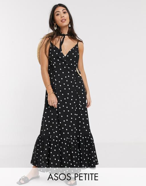 ASOS DESIGN Petite cami wrap maxi dress in linen with wicker belt in mono spot