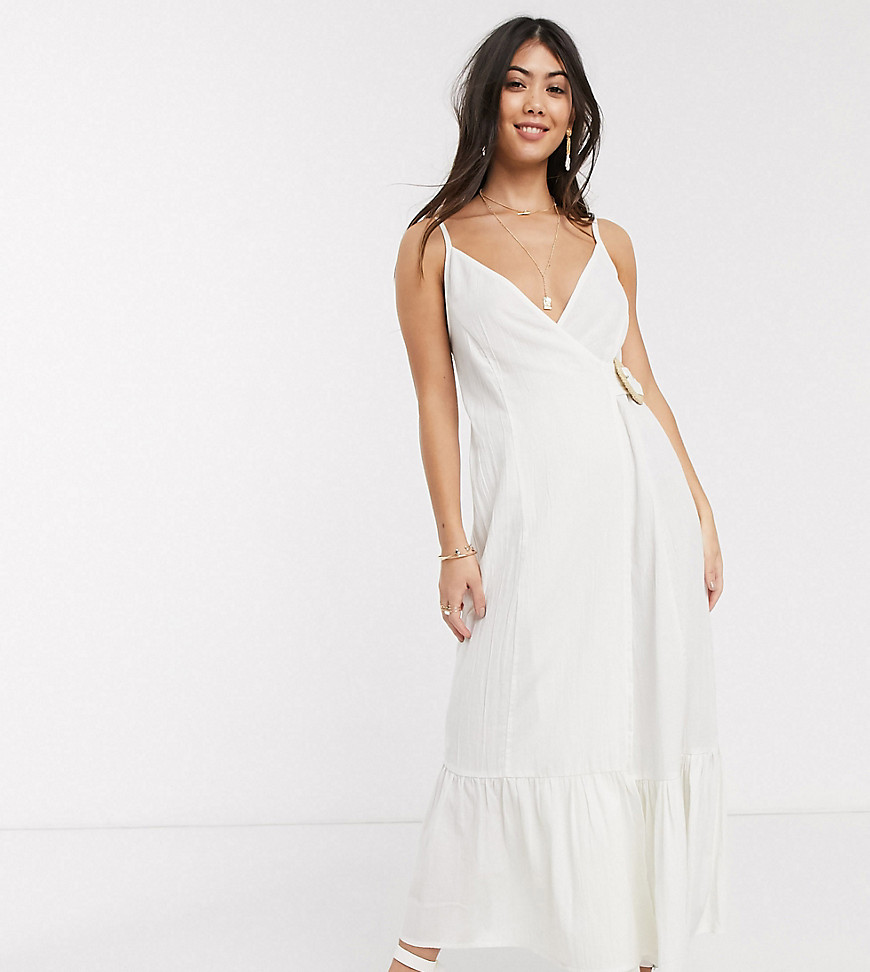 ASOS DESIGN Petite cami wrap maxi dress in linen with wicker belt in white