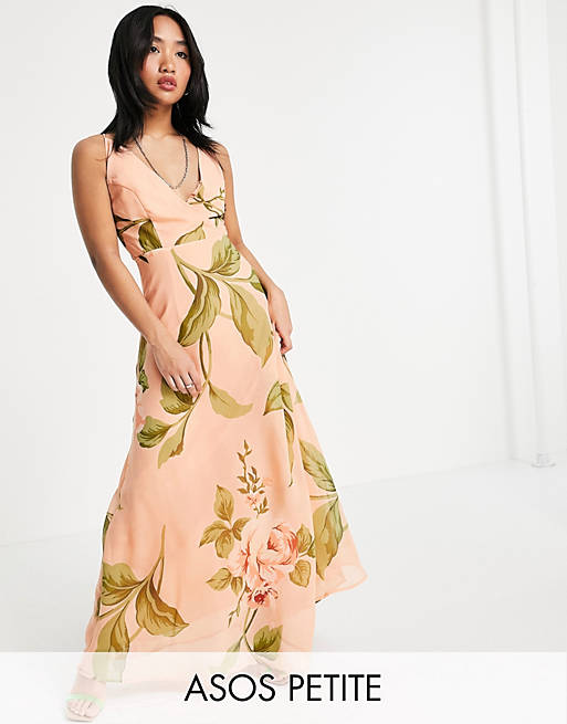 ASOS DESIGN Petite cami wrap maxi dress with lace up back in large floral print