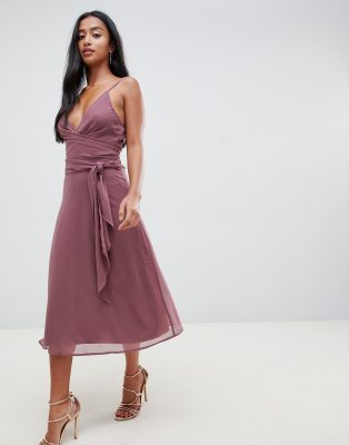 asos design cami wrap midi dress with tie waist