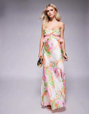 ASOS DESIGN Petite - Camisole-Maxikleid aus Satin mit Chiffon-Brustpartie und rosa Blumenmuster-Bunt