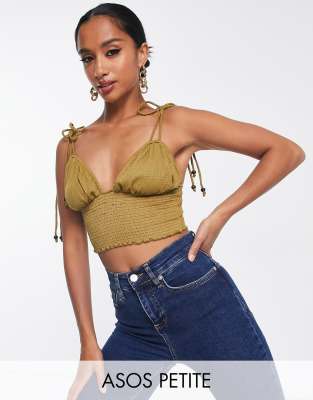 ASOS DESIGN Petite - Camisole-Top in Olivgrün mit Milchmädchen-Design und gebundenen Trägern