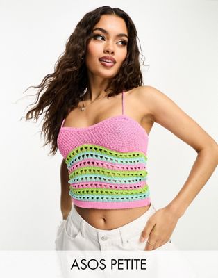 ASOS DESIGN Petite crochet cami top in pink stripe - ASOS Price Checker