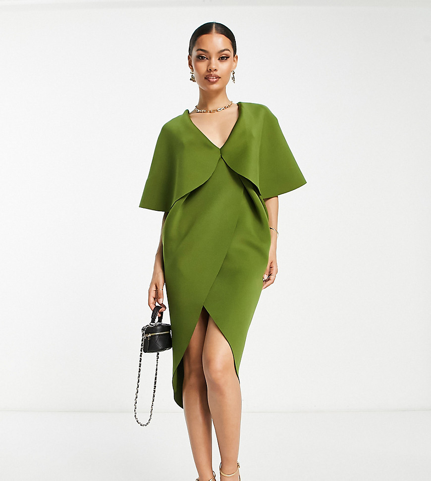 Asos Petite Asos Design Petite Cape Detail Pleated Wrap Midi Dress In Olive-green