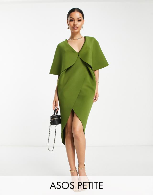 ASOS DESIGN Petite cape detail pleated wrap midi dress in olive