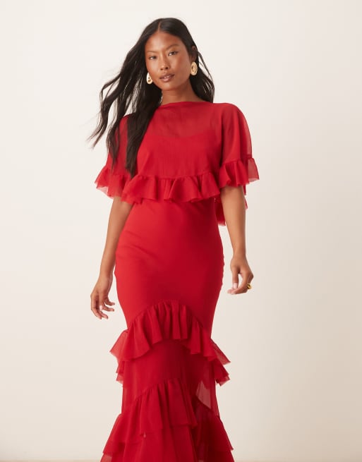 ASOS DESIGN Petite cape overlay ruffle bias maxi dress in red, 4 of 4