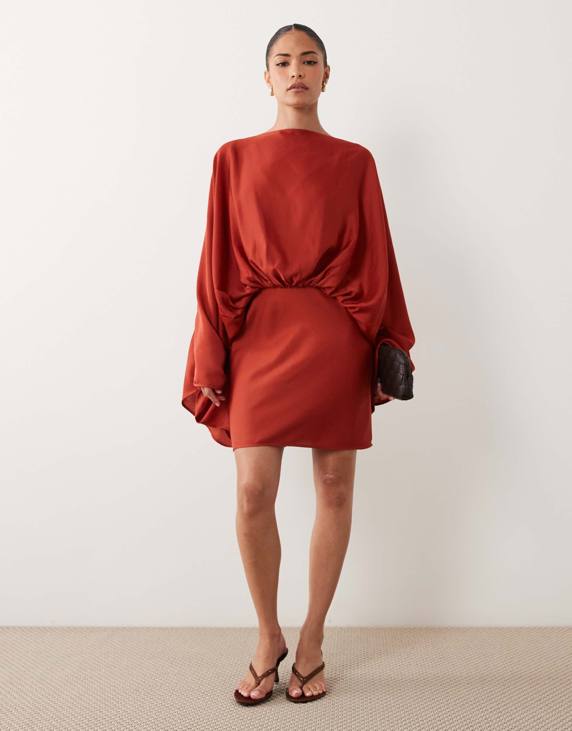 asos design petite cape sleeve open back mini dress with tassels in rust