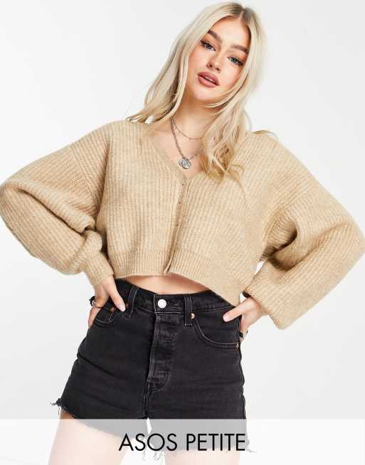 ASOS DESIGN Petite - Cardigan a coste con scollo a V e maniche ampie, color avena in coordinato