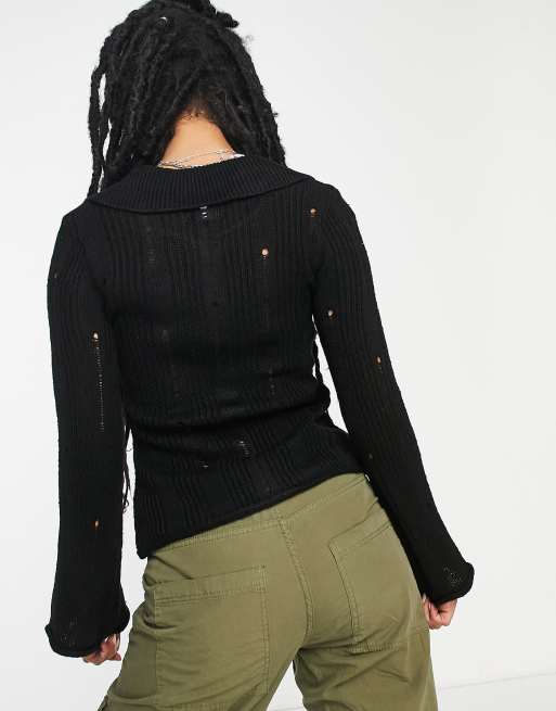 Black Distressed Ladder Knit Top