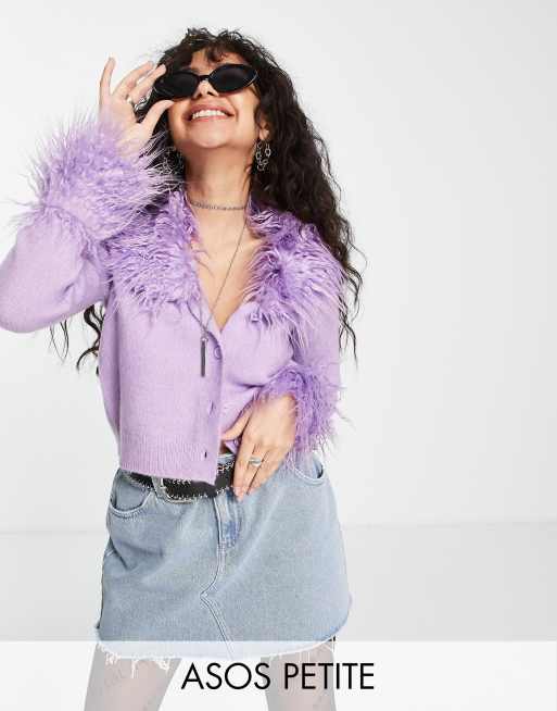 ASOS DESIGN Petite cardigan with detachable faux fur trims in lilac