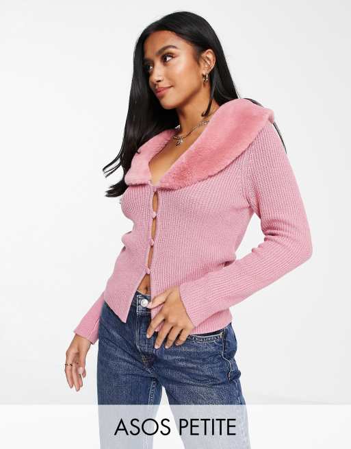 ASOS DESIGN Petite cardigan with faux fur collar in pink