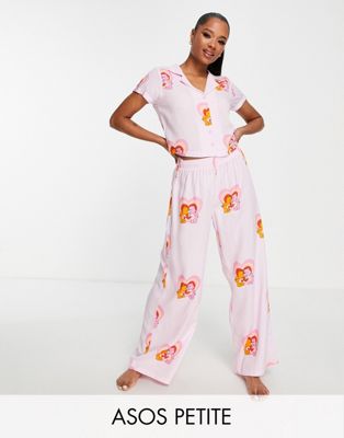 ASOS DESIGN Petite Care Bears modal shirt & trouser pyjama set in pink