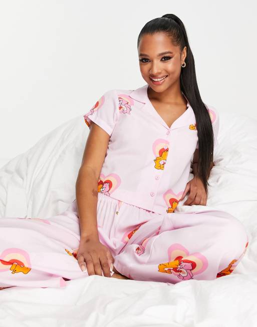 ASOS DESIGN Care Bears modal shirt & trouser pyjama set in pink