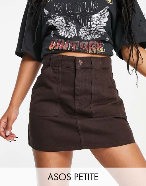 ASOS DESIGN Petite cargo denim mini skirt in chocolate