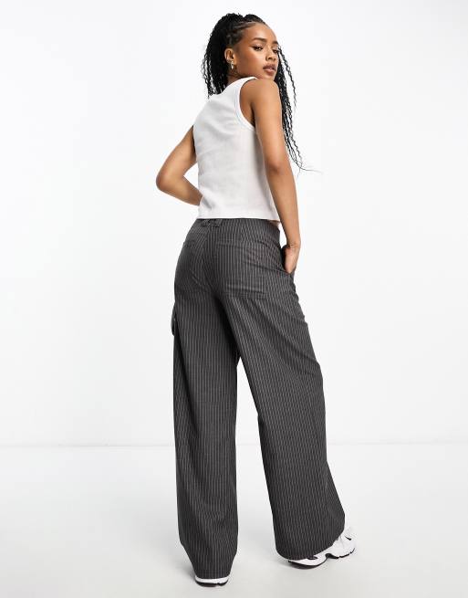 ASOS DESIGN Petite cargo pants in stripe with contrast stitch in gray, 2 of 4