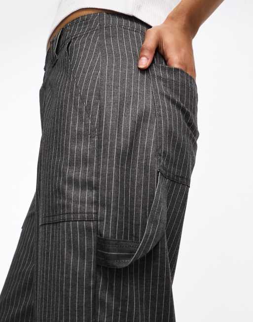 ASOS DESIGN Petite cargo pants in stripe with contrast stitch in gray, 3 of 4