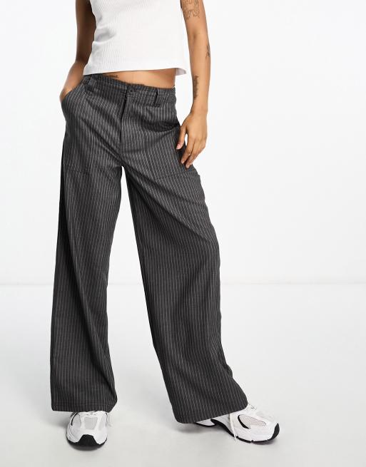 ASOS DESIGN Petite cargo pants in stripe with contrast stitch in grey, 4 of 4