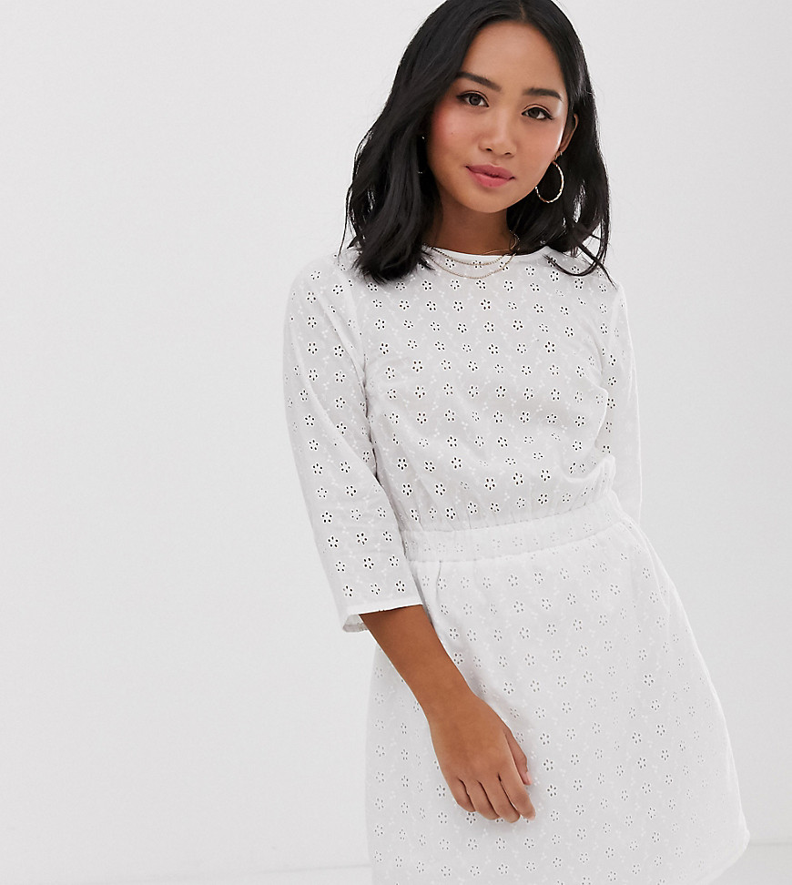 ASOS DESIGN Petite casual elasticated mini dress in broderie-White